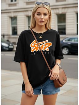 LEOTUDE - Women's Cotton Blend Typography Printed Oversized Crew Neck Black T-Shirts