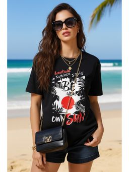 LEOTUDE - Cotton Typography Printed Oversized Crew Neck Black T-Shirts