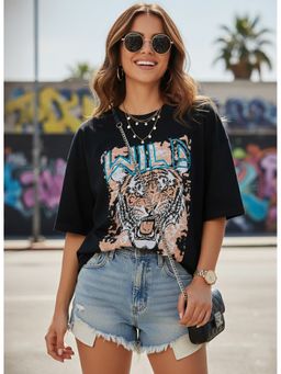 LEOTUDE - Cotton Blend Typography Printed Oversized Crew Neck Black T-Shirts