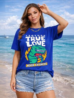 LEOTUDE - Cotton Blend Printed Oversized Crew Neck Blue T-Shirts