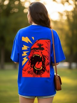 LEOTUDE - Cotton Blend Printed Oversized Crew Neck Blue T-Shirts