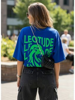 LEOTUDE - Women's Cotton Blend Printed Oversized Crew Neck Blue T-Shirts