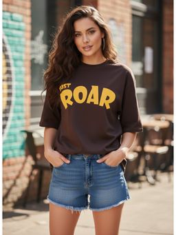LEOTUDE - Cotton Blend Printed Oversized Crew Neck Brown T-Shirts