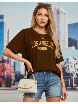 LEOTUDE - Cotton Blend Printed Oversized Crew Neck Brown T-Shirts