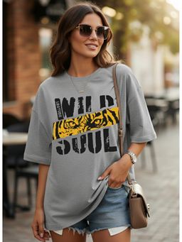 LEOTUDE - Cotton Blend Printed Oversized Crew Neck Grey T-Shirts