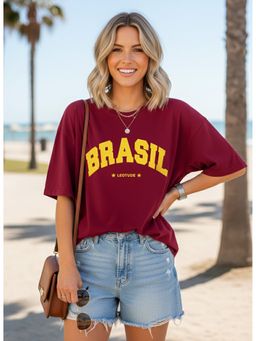 LEOTUDE - Cotton Blend Printed Oversized Crew Neck Maroon T-Shirts