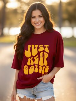 LEOTUDE - Cotton Blend Printed Oversized Crew Neck Maroon T-Shirts