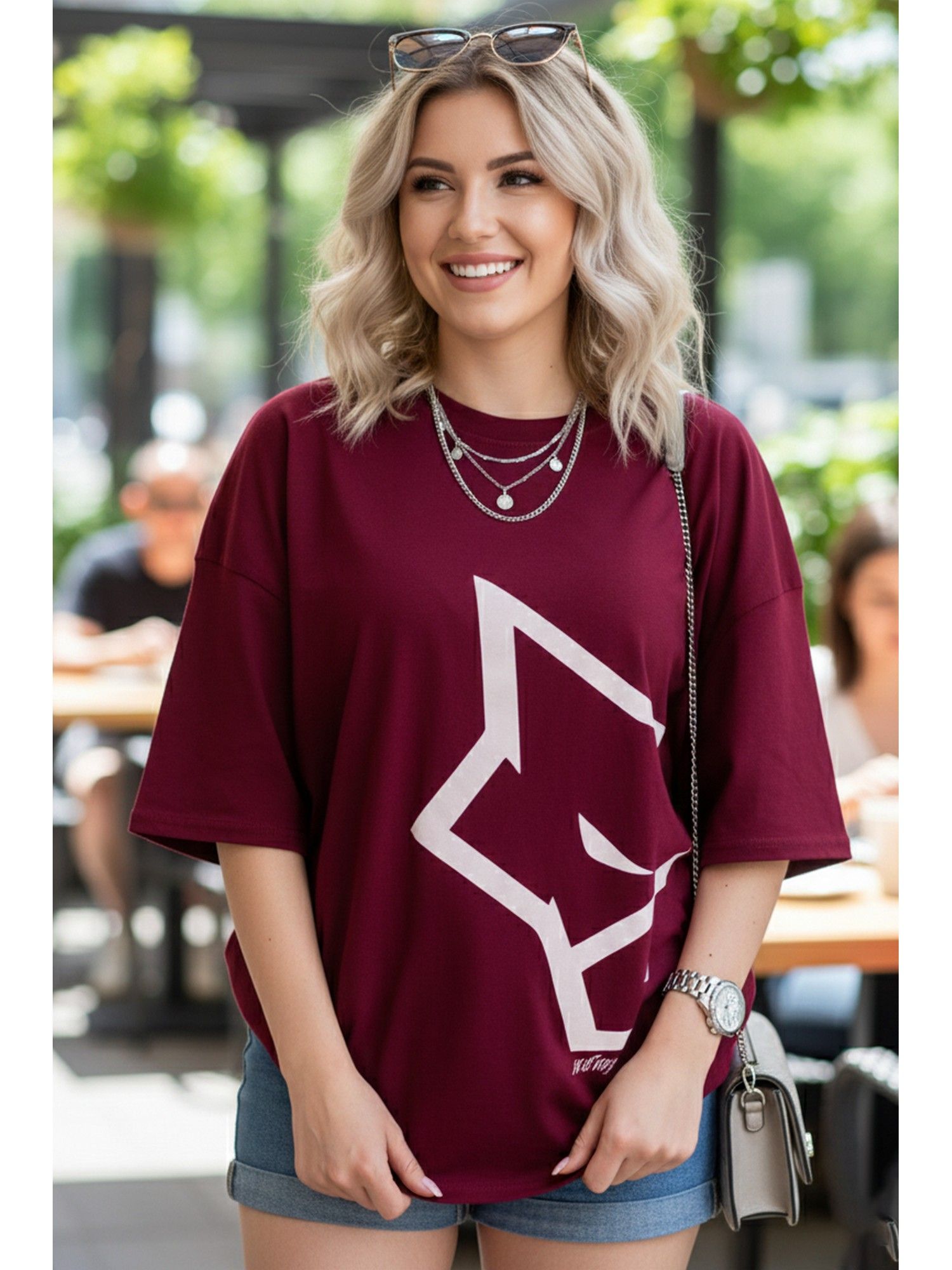 Cotton Blend Printed Oversized Crew Neck Maroon T-Shirts-image-7
