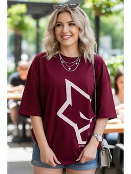 LEOTUDE - Cotton Blend Printed Oversized Crew Neck Maroon T-Shirts