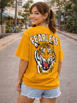 LEOTUDE - Cotton Blend Printed Oversized Crew Neck Yellow T-Shirts