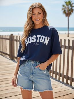 LEOTUDE - Cotton Blend Printed Oversized Crew Neck Navy Blue T-Shirts