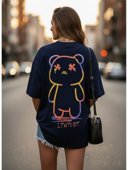 LEOTUDE - Cotton Blend Printed Oversized Crew Neck Navy Blue T-Shirts
