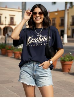 LEOTUDE - Cotton Blend Printed Oversized Crew Neck Navy Blue T-Shirts