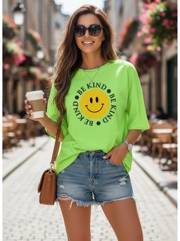 LEOTUDE - Cotton Blend Printed Oversized Crew Neck Green T-Shirts
