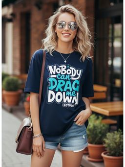 LEOTUDE - Cotton Blend Printed Oversized Crew Neck Navy Blue T-Shirts