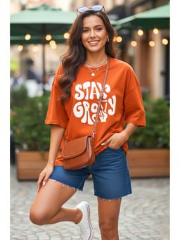 LEOTUDE - Cotton Blend Printed Oversized Crew Neck Orange T-Shirts