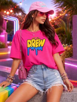 LEOTUDE - Cotton Blend Printed Oversized Crew Neck Pink T-Shirts