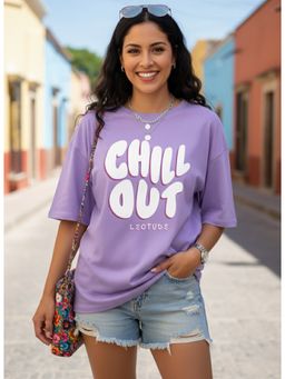 LEOTUDE - Cotton Blend Printed Oversized Crew Neck Lavender T-Shirts