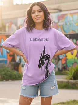 LEOTUDE - Cotton Blend Printed Oversized Crew Neck Lavender T-Shirts