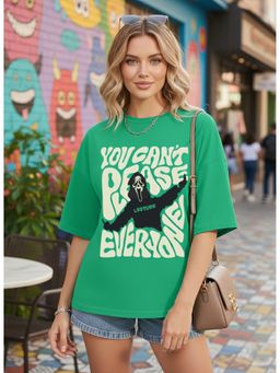 LEOTUDE - Women's Cotton Blend Printed Oversized Crew Neck Green T-Shirts