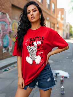 LEOTUDE - Cotton Blend Printed Oversized Crew Neck Red T-Shirts