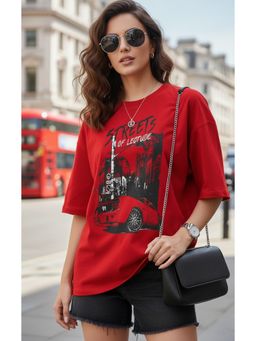 LEOTUDE - Women's Cotton Blend Printed Oversized Crew Neck Red T-Shirts