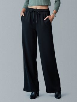 Go Colors - Black cotton Blend Relaxed Fit Mid Waist Pant