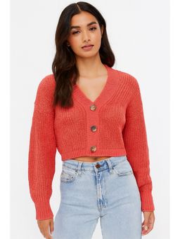 NOBARR - Orange Acrylic Textured Full Sleeves Crop Cardigan