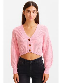 NOBARR - Pink Acrylic Textured Full Sleeves Crop Cardigan