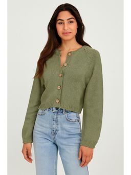 NOBARR - Green Acrylic Plain Full Sleeves Crop Cardigan