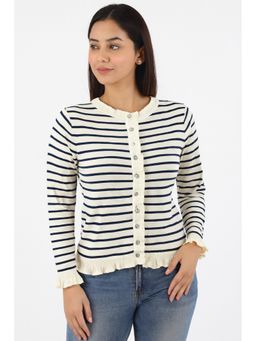 NOBARR - Cream Viscose Stripes Full Sleeves Regular Cardigan