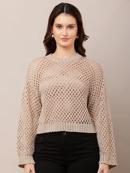 NOBARR - Gold Acrylic Woven Full Sleeves Crop Sweater