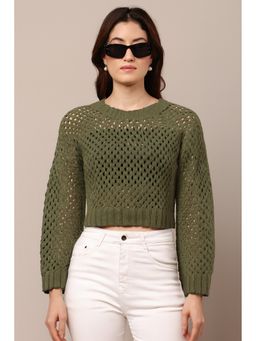 NOBARR - Green Acrylic Woven Full Sleeves Crop Sweater