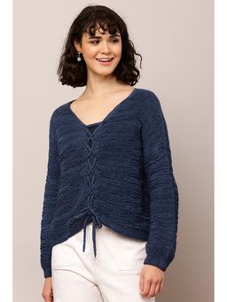 NOBARR - Blue Cotton Textured Full Sleeves Regular Sweater