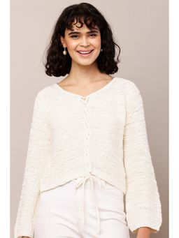 NOBARR - White Cotton Textured Full Sleeves Regular Sweater