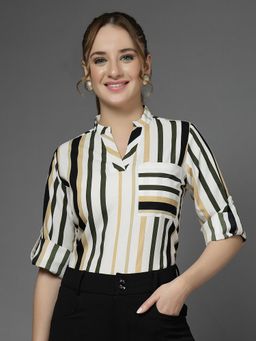 Style Quotient - Mandarin Collar Stripes White Top