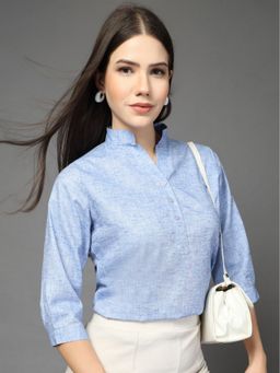 Style Quotient - Poly Mandarin Collar Solid Blue Shirt Style Top