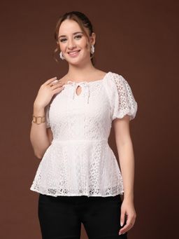 Style Quotient - Lace Work Tie-Up Neck Self Design White Top