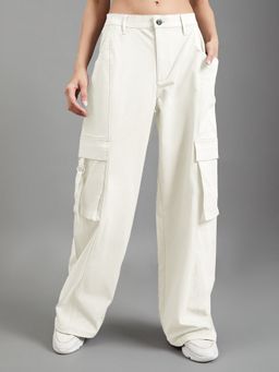 Go Colors - Cream polyester Wide Fit Mid Waist Pant