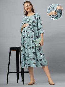 Mamma's Maternity - Arctic Blue Rayon Round Neck Checks Printed Maternity/Feeding Short Dress