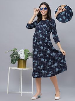 Mamma's Maternity - Navy Blue Rayon Round Neck Checks Printed Maternity/Feeding Short Dress