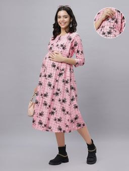 Mamma's Maternity - Baby Pink Rayon Round Neck Checks Printed Maternity/Feeding Short Dress