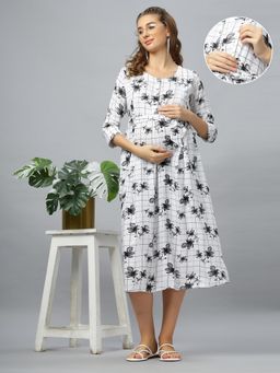 Mamma's Maternity - White Rayon Round Neck Checks Printed Maternity/Feeding Short Dress
