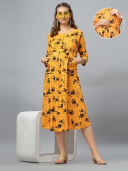 Mamma's Maternity - Yellow Rayon Round Neck Checks Printed Maternity/Feeding Short Dress