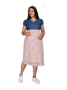 Mamma's Maternity - Blue Red Denim Rayon Round-Neck Floral Printed Maternity/Feeding Short Dress