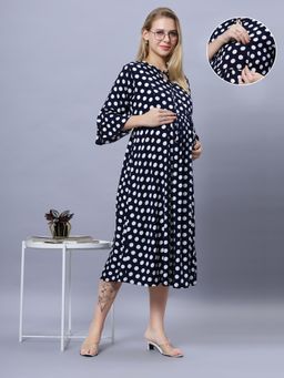 Mamma's Maternity - Blue Rayon Tie-up Neck Polka Printed Maternity/Feeding Short Dress