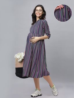 Mamma's Maternity - Navy Blue Rayon Mandarin Neck Strips Printed Maternity/Feeding