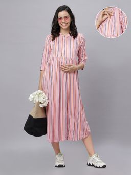 Mamma's Maternity - Baby Pink Rayon Mandarin Neck Strips Printed Maternity/Feeding