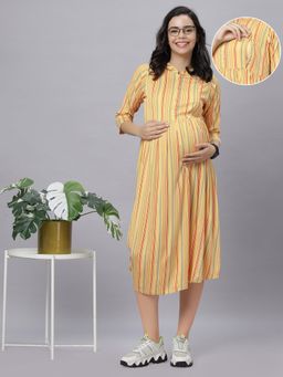 Mamma's Maternity - Yellow Rayon Mandarin Neck Strips Printed Maternity/Feeding