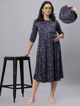 Mamma's Maternity - Dark Blue Rayon Round Neck Polka Printed Maternity/Feeding